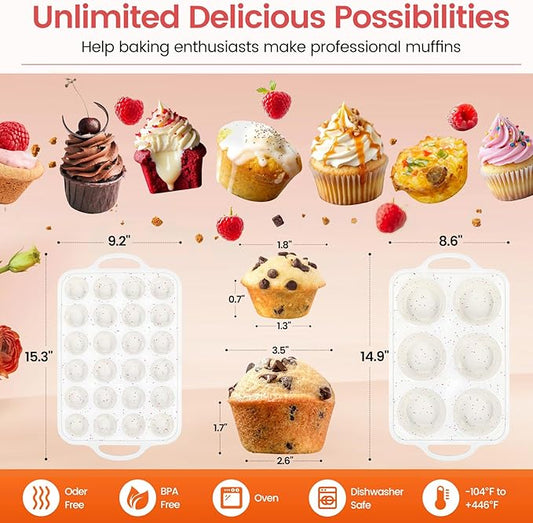 Silicone Muffin Pan with Metal Reinforced Frame - Mini Muffin Pan for Homemade Muffins, Cupcakes, and Bread, Oven and Dishwasher Safe - Set of 2, 6-Cup and 24-Cup