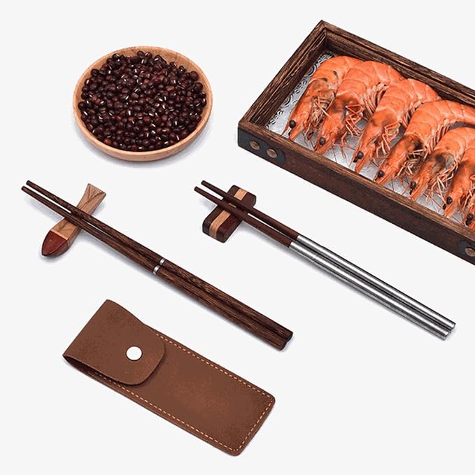Foldable Chopsticks Travel Friendly Chopsticks with Leather Case Wood Tablewares Convenient Utensils for Outdoor Use, 20.8CM