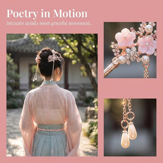 2 Pcs Rhinestone Pearl Flower Hair Stick Chinese Hair Chopsticks Vintage Tassel Hair Pin Chignon Pin Hair Styling Making Accessories for Women