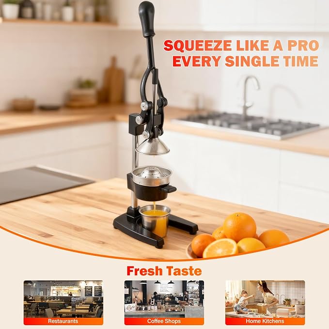 Manual Cast Iron Lemon Squeezer, Black Citrus Juicer | Detachable Cone, Free Stainless Steel Cup, Extracts Juice from Lemons, Oranges and Grapefruits, Easy to Clean