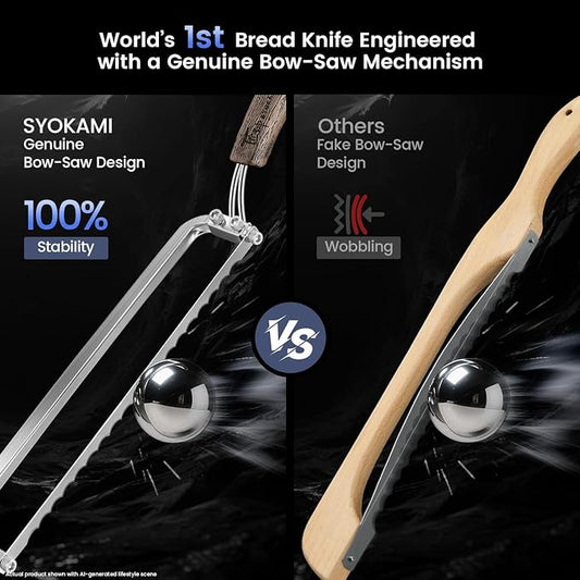 SYOKAMI Left-Handed Bread Knife for Homemade Bread, World's 1st Real Bow-Design Sourdough Bread Slicer, Razor-Sharp Cutter for Crusty Sourdough & Baguette, 4 Thickness Scale Marks, Ideal for Gift