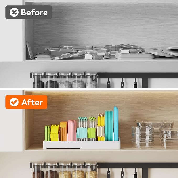 Lifewit Kitchen Cabinet Organizer for Food Contanier Lid with 9 Sections | Expandable Lids Holder with 8 Adjustable Dividers for Pantry Organizers and Storage, Home Organization, Large, 9.8"-17"