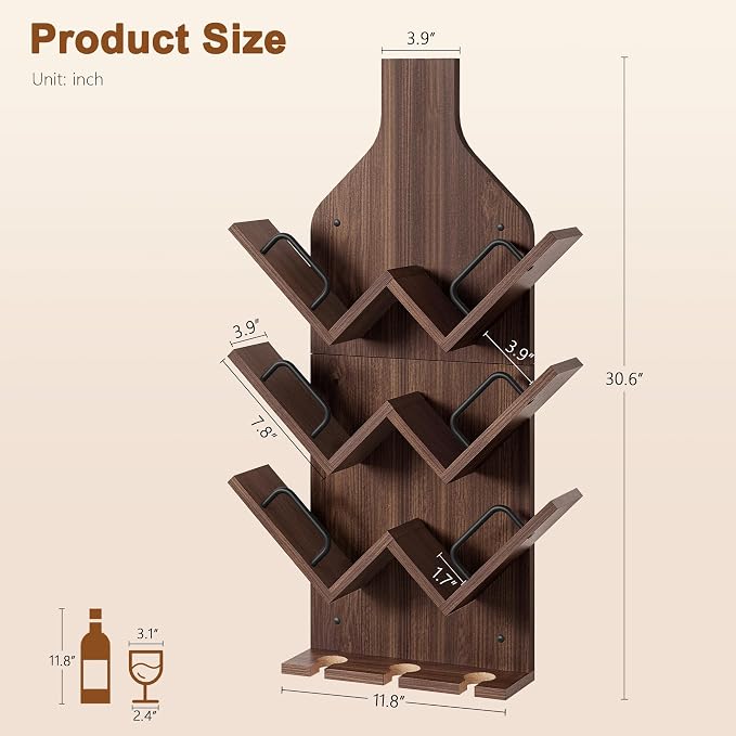 Hoctieon Wine Rack Wall Mounted, 6 Bottles Wood Wine Rack for Display and Storage, Hanging Bottle Holder Bar Shelves for Living Room, Kitchen, Dining Room, Wine Cellar, Walnut