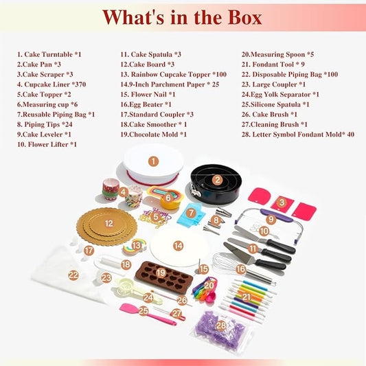 700PCs Cake Decorating Kit with Baking Supplies - Cake Turntable for Decorating with Baking Pans, Leveler, 24 Numbered Piping Tips, 2 Spatulas, Fondant Tools, Video Course, Pattern Chart & More