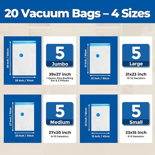 ETENWOLF 20 Pack Vacuum Storage Bags, Vacuum Seal Bags for Clothes and Travel, Space Saver Bags in Multiple Carry-On Sizes, Perfect for Luggage and Suitcases