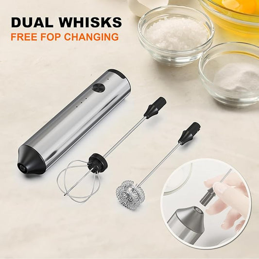 Rechargeable Milk Frother with Stand, 3 Speeds Drink Mixer Handheld with 2 Heads, Electric Frother Wand for Coffee, Latte, Cappuccino, Hot Chocolate, Matcha and Egg Mini Frother, Silver