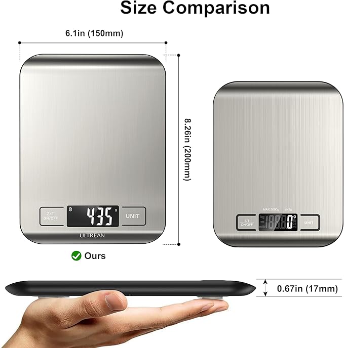 Ultrean Smart Food Kitchen Scale with Nutritional Calculator, App for Macro & Calorie Tracking, AI Scan, Digital Grams and Ounces for Weight Loss, Rechargeable, Stainless Steel, 33lb /15kg