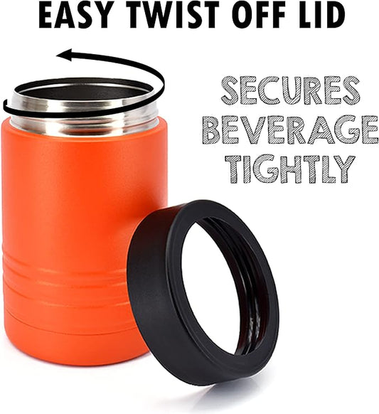 4-in-1 Stainless Steel 12 oz Double Wall Vacuum Insulated Can or Bottle Cooler Keeps Beverage Cold for Hours - Also Fits 16 oz Cans - Powder Coated Orange - Clear Water Home Goods