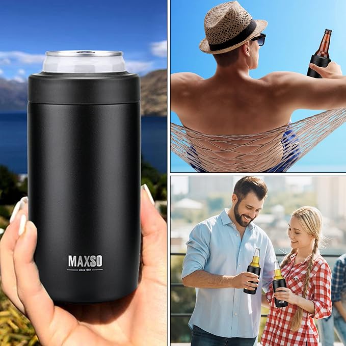 Maxso Slim Can Cooler, 4-in-1 Double Walled Stainless Steel Insulated Beer Can Holder, Works With All 12 Oz Cans,Bottles & As A Pint Cups - Matte Black