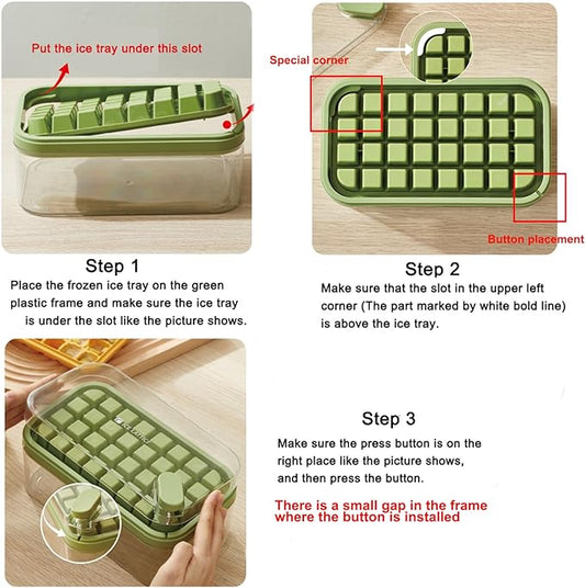 Ice Cube Tray with Lid and Bin, 2 Pack Ice Cube Trays for Freezer, 64 Pcs Ice Cube Mold, Press Button Easy Release Ice Tray, Small Ice Cubes Maker for Drinks(Green)