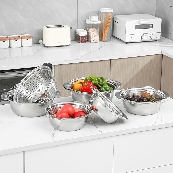 Paoli 304 Stainless Steel Fine Mesh Colander Set, 5QT Large Capacity Strainer with Mixing Bowl — Rinse Fruits, Veggies, Rice & Drain Pasta, Dishwasher Safe (2-Piece)