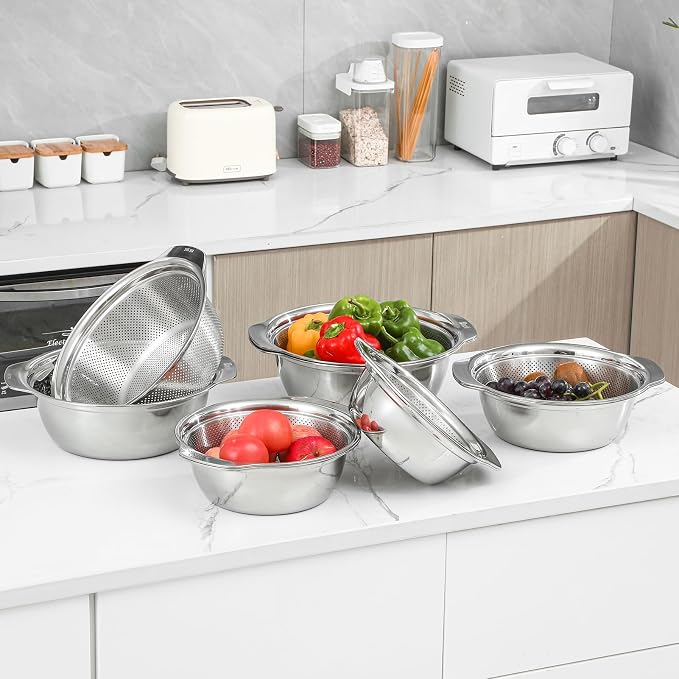 Paoli 304 Stainless Steel Fine Mesh Colander Set, 2.5QT Large Capacity Strainer with Mixing Bowl — Rinse Fruits, Veggies, Rice & Drain Pasta, Dishwasher Safe (2-Piece)
