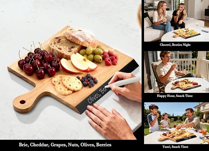 Acacia Wood Cutting Board with Handle, 2-in-1 Reversible Charcuterie Board & Chopping Board, Large 17"x13" Chalkboard Edge Serving Board for Meat & Cheese, Fruit and Nuts, Christmas Gift