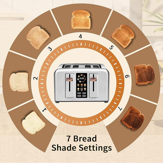 SEEDEEM Toaster 4 Slice, Full Touch control Toaster, LCD Display, 6 Bread Type, 7 Shade Settings, 1.4''Wide Slots,More Time Function, Removable Crumb Tray, 1800W, Silver Metallic