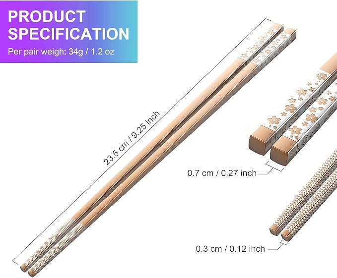 FOFAYU Metal Chopsticks Reusable 5 Pairs Multicolor Stainless Steel Chopsticks Dishwasher Safe Square Lightweight Non-Slip Chop Sticks Present Set
