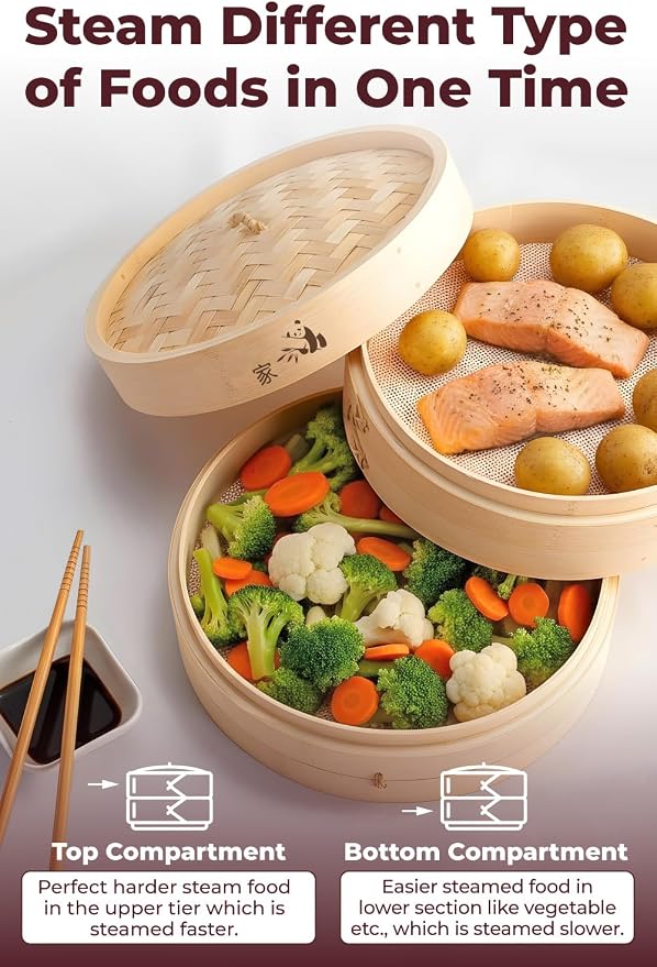 Bamboo Steamer Basket - Cook Delicious Meals with Authentic Flavor at Home | 8 Inch, 2 Tiers + 50 Liners - Compact Basket Steams Bao, Dumplings, Rice and Vegetables Together while Saving Kitchen Space