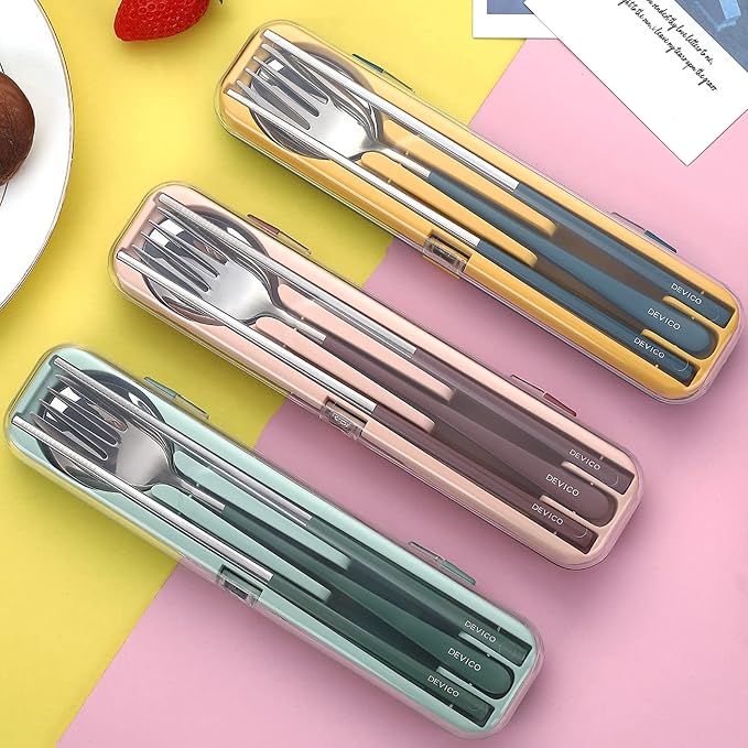 DEVICO Travel Utensils with Case, 18/8 Stainless Steel Silverware for Lunch | 4Pcs Portable Reusable Travel Cutlery Set, Korean Chopsticks Fork and Spoon Set for Camping/Picnic/Work/Gadgets/School, Green