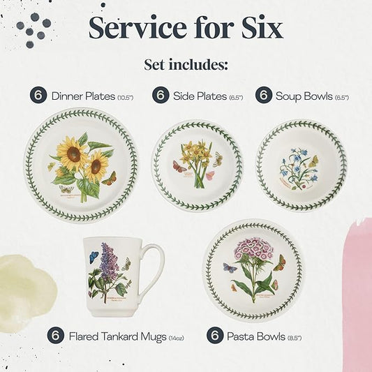 Portmeirion Botanic Garden 30-Piece Dinnerware Set - Nature-Inspired Floral Motifs - Dishwasher, Microwave, Freezer Safe Elegant Dining Plates, Bowls, Mugs - Fine Earthenware for Home Gatherings