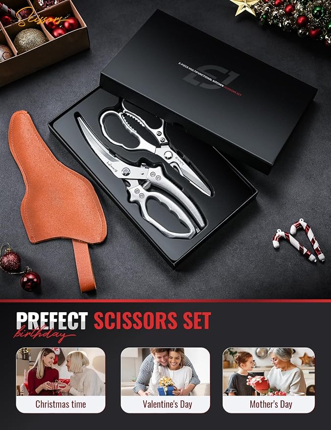 2-Piece Kitchen Scissors Set with Poultry Shears, Japanese Stainless Steel Kitchen Shear, All Purpose Scissor for Food, Chicken Bones, Dishwasher Safe