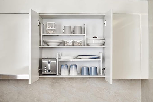Nxconsu Cabinet Shelf Expandable Height Adjustable Shelf Organizer Riser for Kitchen Cabinet Pantry Cupboard Under Sink Countertop Organization Storage Space Saver Stackable Heavy Duty Metal White XXL