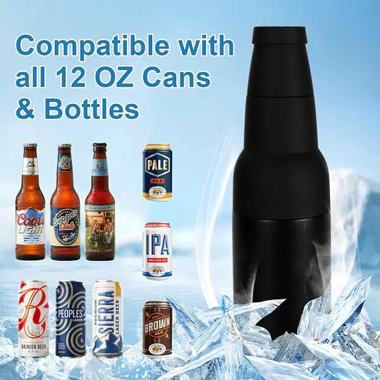 12oz Universal Beer Bottle Cooler Double Walled SS Beer Can Holder | 3 in 1 Can Koozie with Beer Opener Vacuum Insulated - fit Fishing, Camping Outdoor Activities and Nice Gift for Men (Black)