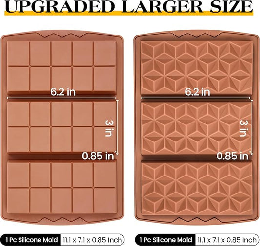 2 Pcs Chocolate Bar Mold Deep Dubai 0.85 Inch Stuffed Chocolate Molds Silicone Large Break Apart Silicone Molds (10 Snap + Pyramid)