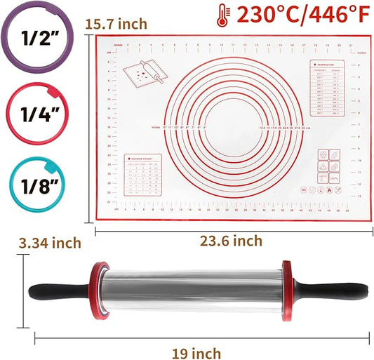 SHIKORI Rolling Pin,Adjustable Rolling Pin with Thickness Rings, Stainless Steel Dough Roller Baking Supplies for Pizza Pastry Fondant Pie Pasta-Red