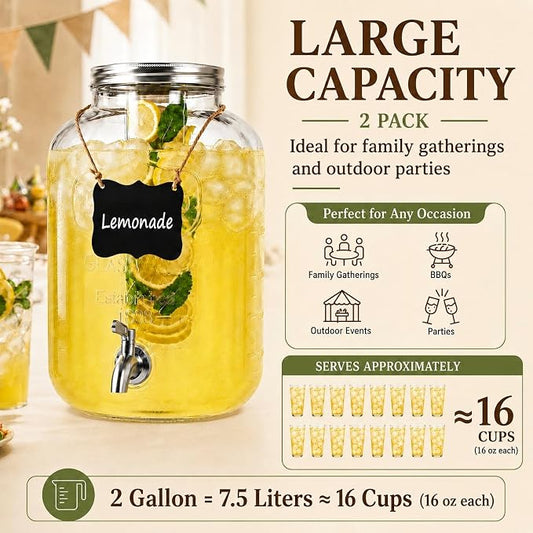 2 Gallon Glass Drink Dispensers for Parties, KIKCOIN 2 Pack Leakproof Beverage Dispenser with Stand & 18/10 Stainless Steel Spigot & Fruit Infuser -for Lemonade, Juice, Punch, Sangria