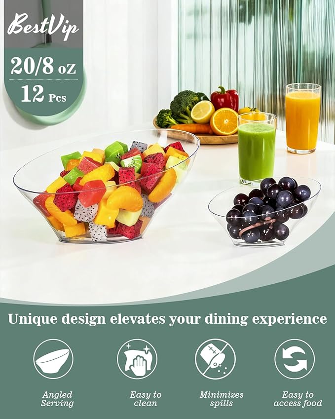 BESTVIP 12 Pack 20oz Angled Disposable Serving Bowls - Clear Plastic Serving Bowls for Party, Party for Chips, Snacks, Fruit, Salad - Bowls for Parties, Daily Use, Catering,Halloween, Christmas