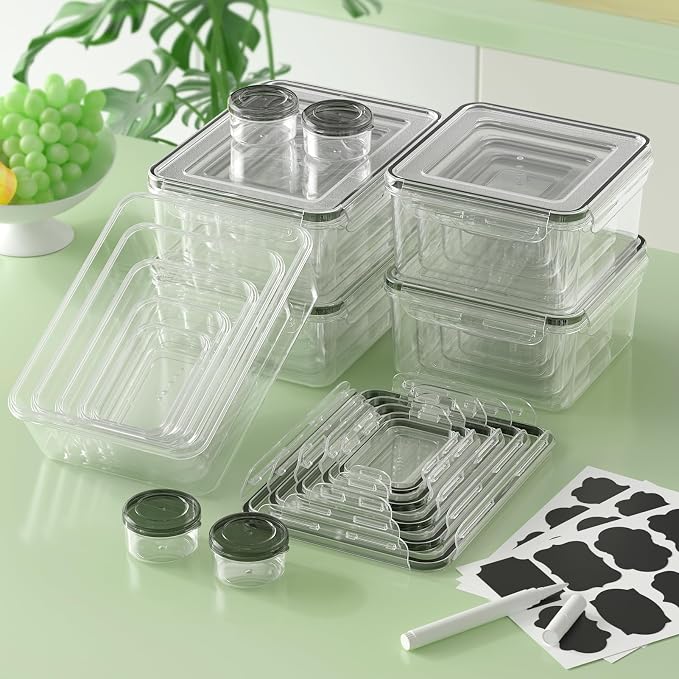 KEMETHY 54-Piece Food Storage Containers with Lids(27 Containers & 27 Lids), Plastic Food Containers for Pantry & Kitchen Storage and Organization, BPA-Free, Leak Proof, Reusable with Labels & Pen
