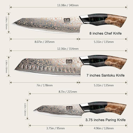 SHAN ZU Damascus Knife Set, Copper & Damascus Steel Japanese Kitchen Knives, High Carbon 33 Layer Hand Forged Utility Knife Professional Sharp Kitchen Knife with Maple Wood Handle