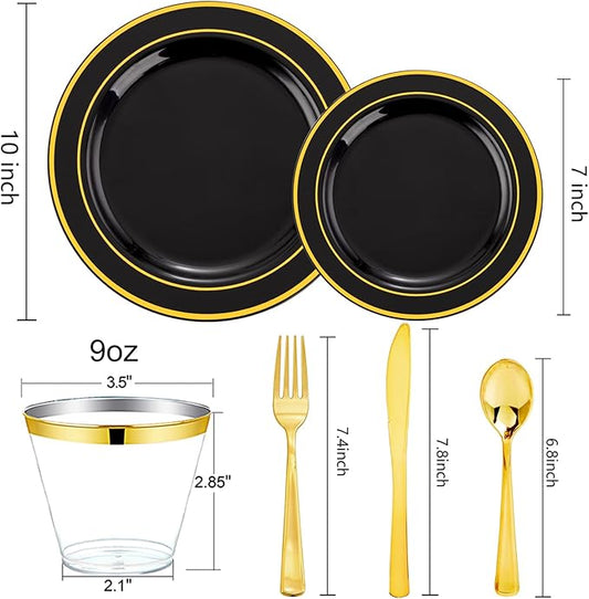 bUCLA 150 Pieces Black and Gold Disposable Dinnerware Set - 25 Guests Black Gold Plastic Plates Include 25 Dinner & 25 Dessert Plates, 25 Spoons, 25 Forks, 25 Knives, 25 Cups for Party & New Year