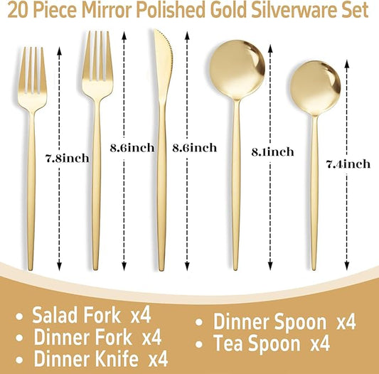 NOCCUR 20-Piece Gold Silverware Set for 4 - Stainless Steel Gold Flatware Set Include Knives, Spoons and Forks - Mirror Polished for Home/Party/Thanksgiving