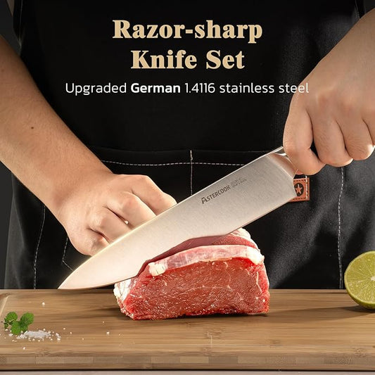 Astercook Knife Set, Kitchen Knives Set with Block and Sharpener Full Tang 17 Pcs German Stainless Steel Knives Sharp Blade Dishwasher Safe Premium Knife Set with Anti-slip Ergonomic Handle, Black