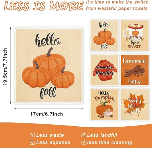 Whaline 6 Pcs Fall Thanksgiving Swedish Dishcloths Pumpkin Maple Leaf Sweater Word Dish Towels Reusable Washable Cotton Kitchen Towels for Autumn Baking Cooking Home Kitchen Decor, 6.7 x 7.7 Inch