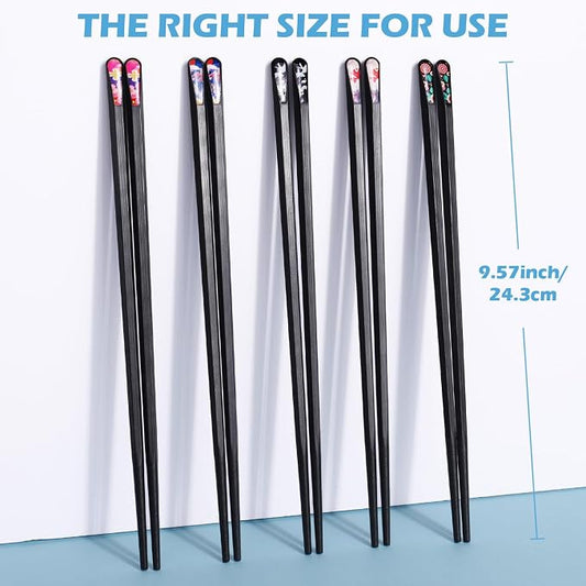 GLAMFIELDS 5 Pairs Premium Chopsticks Reusable Dishwasher Safe 9.5 Inch Fiberglass Chop Sticks Gift Set Hexagon Black Non Slip with the Printed Tops