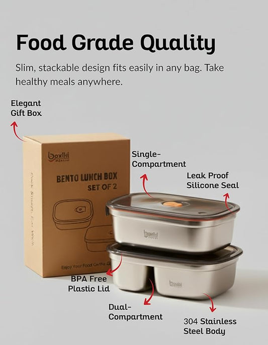 Boxiki Kitchen Bento Lunch Box Set of 2 pcs – Leakproof, BPA Free, Dishwasher Safe Lunch Containers with Compartments – Reusable Bento Box for Adults
