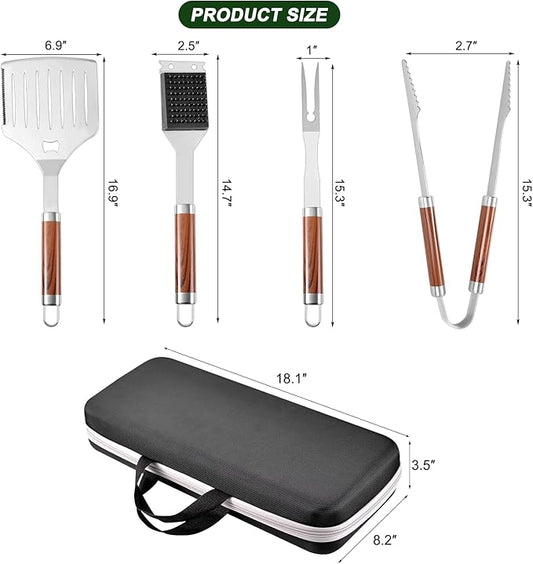 Grilling Accessories Set Large Spatula Fork Cleaning Brush Food Tongs Durable Stainless Steel BBQ Grill Tools with Extra Thick Storage Case BBQ Accessories Grill Set