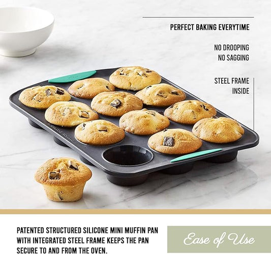 Trudeau Structure Silicone Muffin Pan – 12 Cup, Flexible Silicone with Hard Lining to Hold Shape, Non-Stick, BPA-Free, Dishwasher Safe, Heat Resistant to 428°F – Grey/Mint
