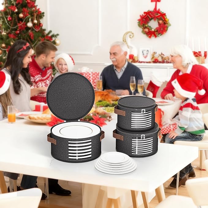 4-Piece Set China Storage Containers, Dish Storage with Clear Windows, Hard Shell Plate Storage Containers with Handles, Stackable Sturdy Dish Packing Supplies for Moving & Protection, Dark Gray