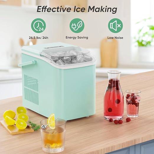 DUMOS Countertop Ice Maker with Handle, 26lbs/24H Portable Ice Machine, 9 Bullet Cubes Ready in 6 Mins, Self-Cleaning, Quiet Compact for Home, Kitchen, RV, Camping, Bright Green