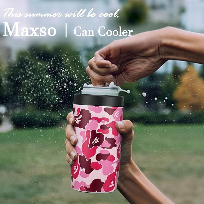 4-in-1 Slim Can Cooler Easy to Hold Insulated Beer Can Holder Double-walled Stainless Steel for All 12 Oz Cans (Camouflage Pink)