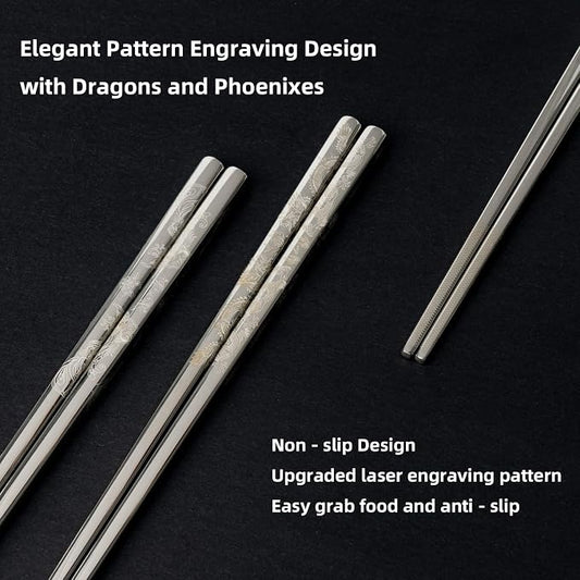 Reusable Metal Chopstick, Non-Slip Grip, Dishwasher Safe, Japanese & Korean Style, 2 Pairs Stainless Steel Chopsticks Gift Set for Cooking, Dining & Travel 18/10(9")