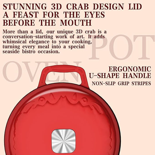 Dutch Oven Pot with Lid - Cast Iron Dutch Oven for Bread Baking Sourdough, Casserole and Braiser with Crab Lid, Square Knob, Nonslid Handles - Red
