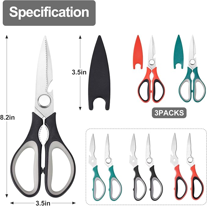 3-Pack Kitchen Scissor All Purpose Kitchen Shears Heavy Duty Scissors Stainless Steel Dishwasher Safe Cooking Scissors, Kitchens Utensils removable for Cutting Meat, Chicken,Fish, Vegetable