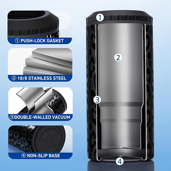3 in 1 Slim Can Cooler for 12 OZ Skinny Can, Regular Can & Beer Bottle - Keep Cold for 6 Hours - Double Walled Insulated Stainless Steel Vacuum Beverage Can Insulator (Black Leopard)