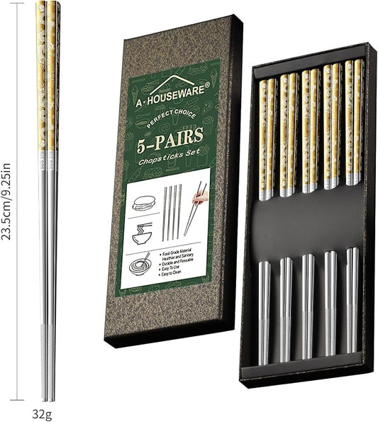 5 Pairs Gold Dragon Chopsticks Set Stainless Steel 316 Gold Plated Reusable Kitchen Dinning Eating Utensils Modern Chop Sticks Dishwasher Safe and Luxury Tableware Gift