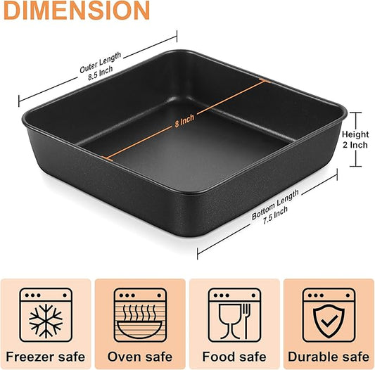 E-far 8x8 Baking Pan, Nonstick Square Cake Pan with Stainless Steel Core, Black Metal Bakeware for Brownies Lasagna Cakes, Non-toxic & Easy Clean, 2 Inch Deep