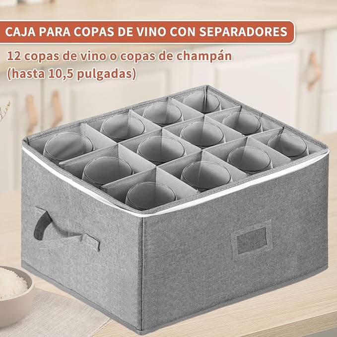 Wine Glass Storage Box Holds 12 - Stackable Hard Shell Organizer with Adjustable Dividers for Champagne Flutes & Crystal, Label Window, Durable Protector Case