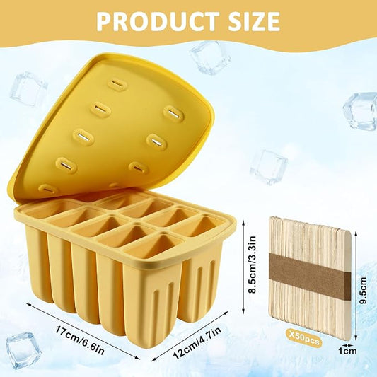 Popsicles Molds, 10 Cavity Silicone Popsicle Molds Easy-Release BPA-free Popsicle Molds Ice Pop Molds Homemade Popsicle Mold Ice Cream Molds with 50PCS Popsicle Sticks for Yogurt Juice Smoothies